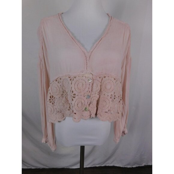ICON Blouse Womens One Size Pink Crochet Lace Boho V Neck Long Sleeve Peplum - Picture 4 of 12